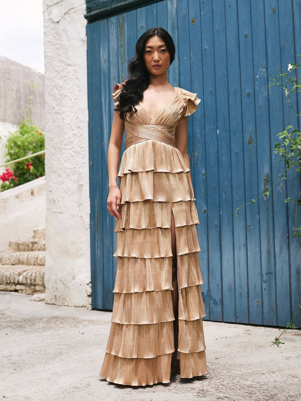 Alexandra - Open Back Metallic Gold Tiered Dress - Dress 2 Party