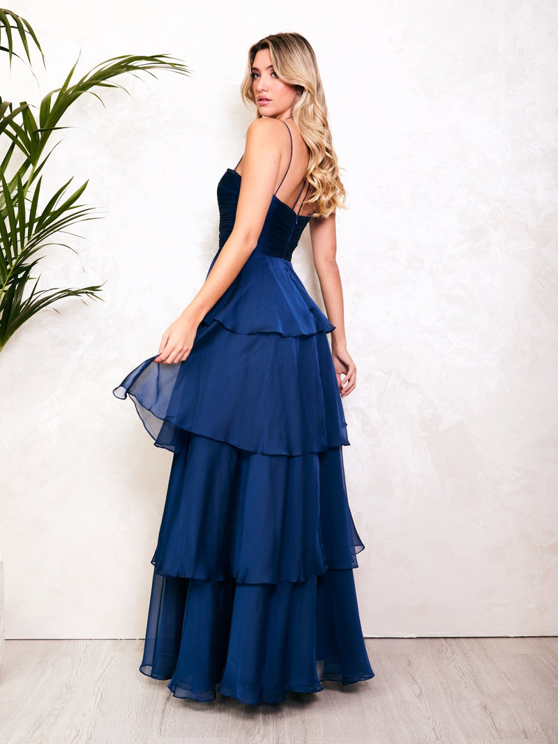 Chloe - Navy Chiffon Halter Neck Tiered Prom Dress - Dress 2 Party