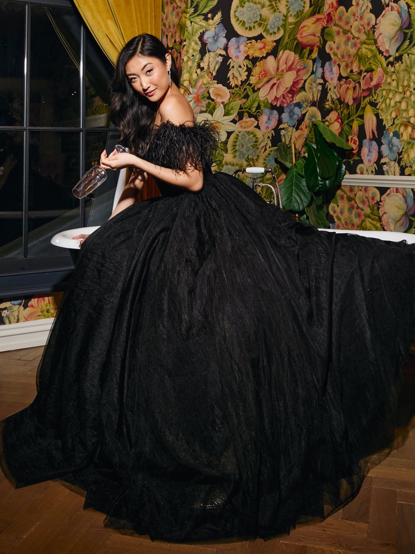 Cindy Black Feather Tulle Bardot Ballgown