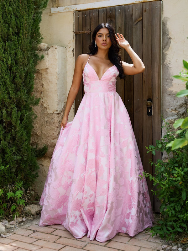 Freya - Pink Floral Jaquard Ball Gown - Dress 2 Party