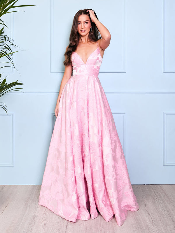 Freya - Pink Floral Jaquard Ball Gown - Dress 2 Party