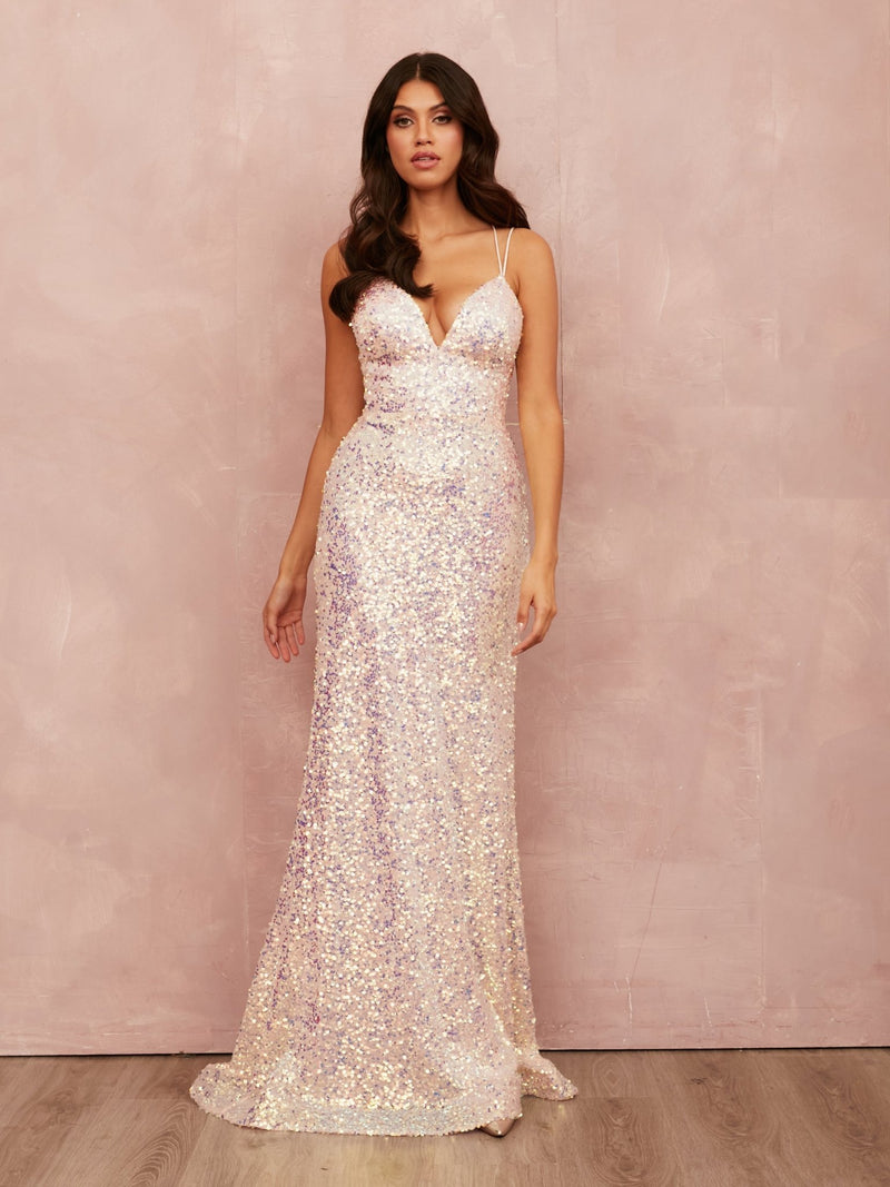 Liberty - White Iridescent Sequin Column Dress With Backless Detail