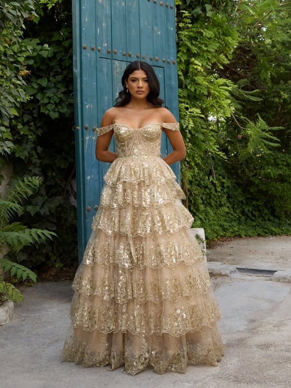 Natalie - Gold Layered Sequin Prom or Engagement Gown - Dress 2 Party