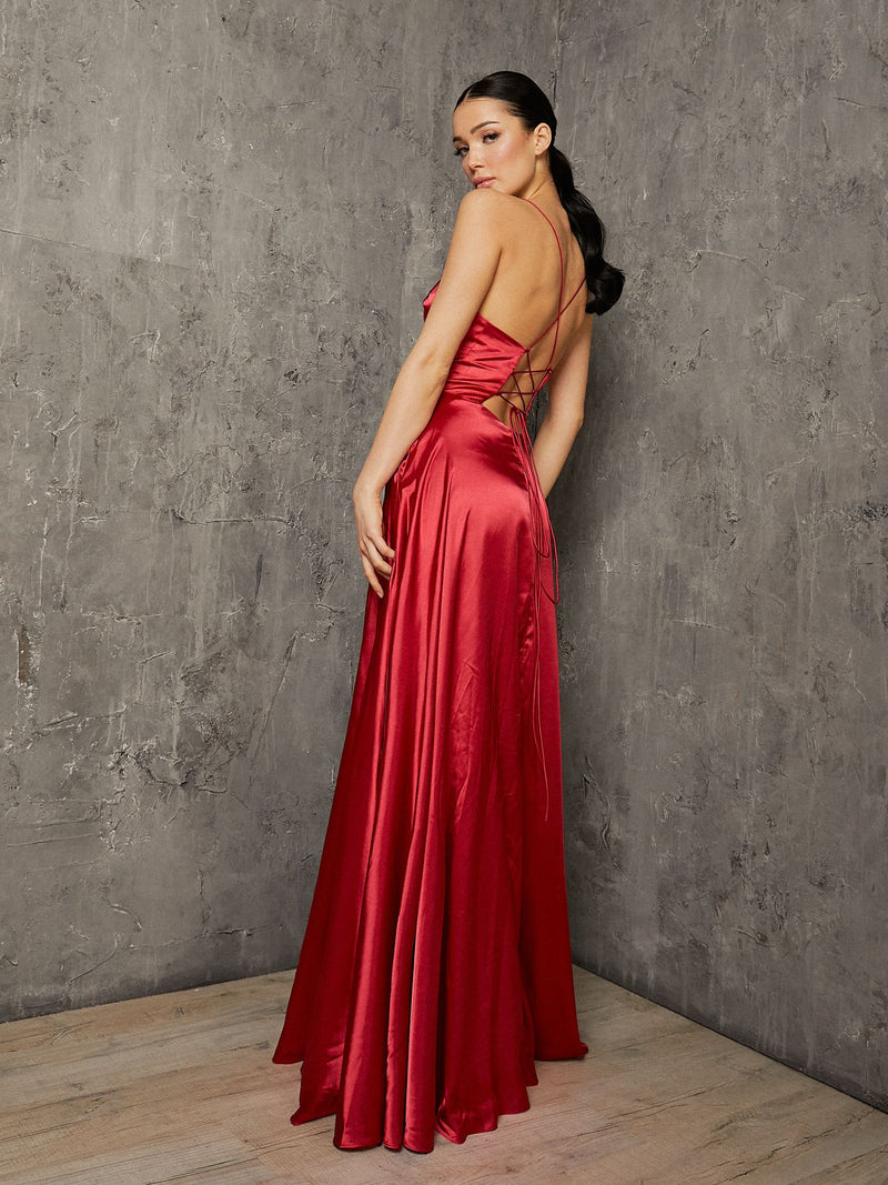 Olivia - Ruby Satin Wrap Lace Up Back - Dress 2 Party