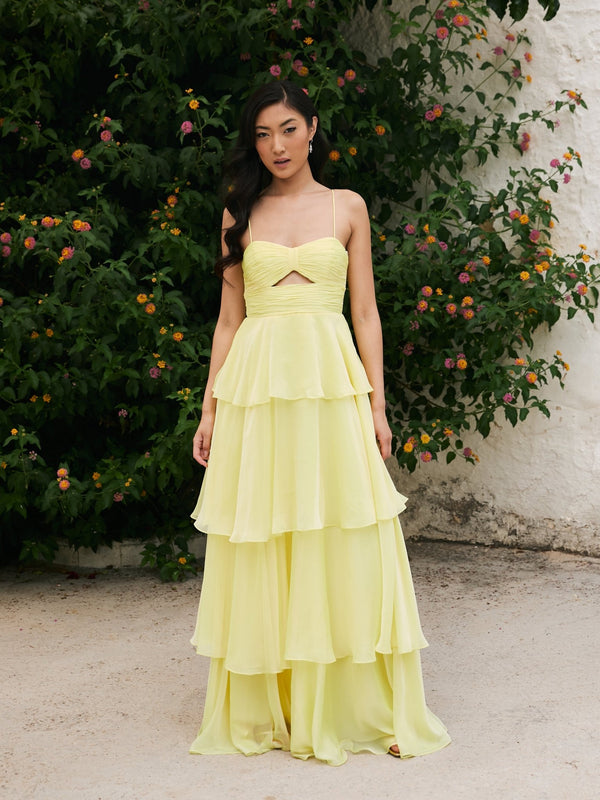 Riley - Yellow Bikini Top Wedding Guest Chiffon Dress - Dress 2 Party