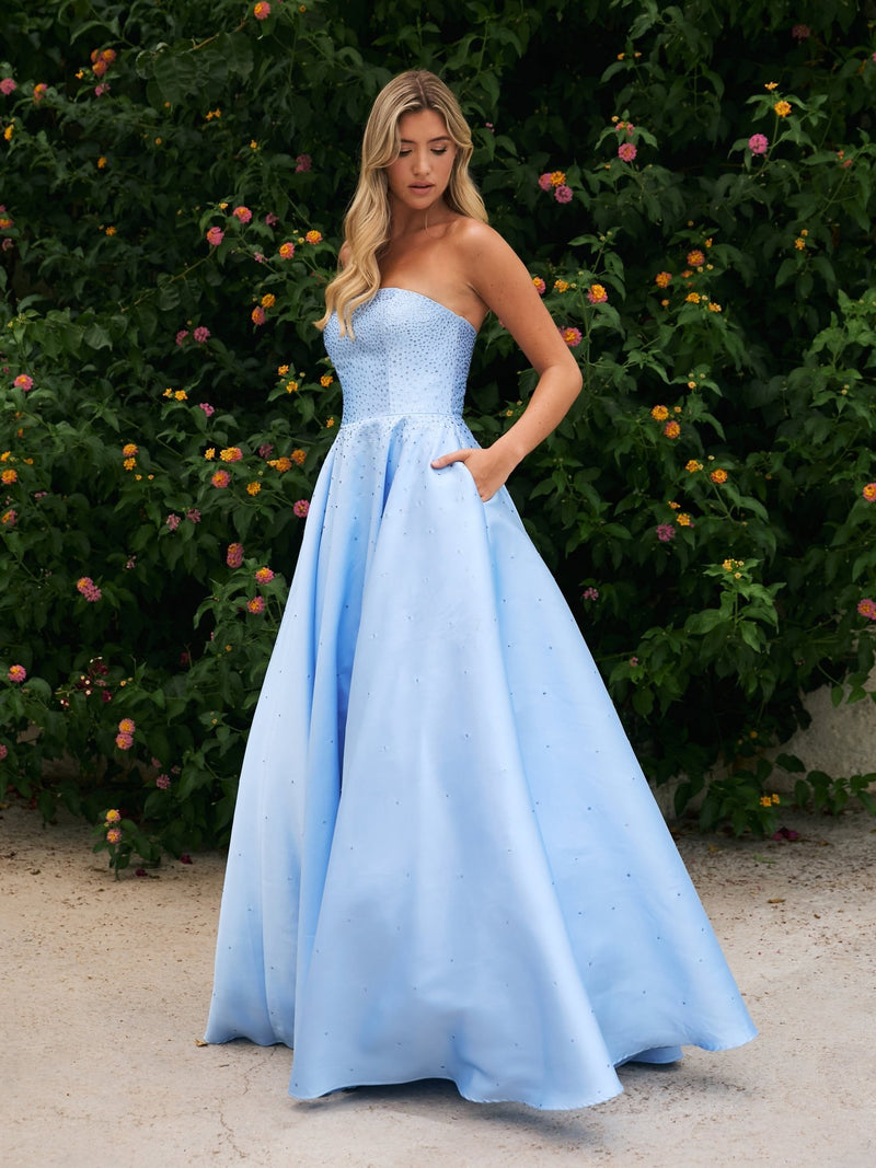 Summer Light Blue Strapless Ball Gown with Studs